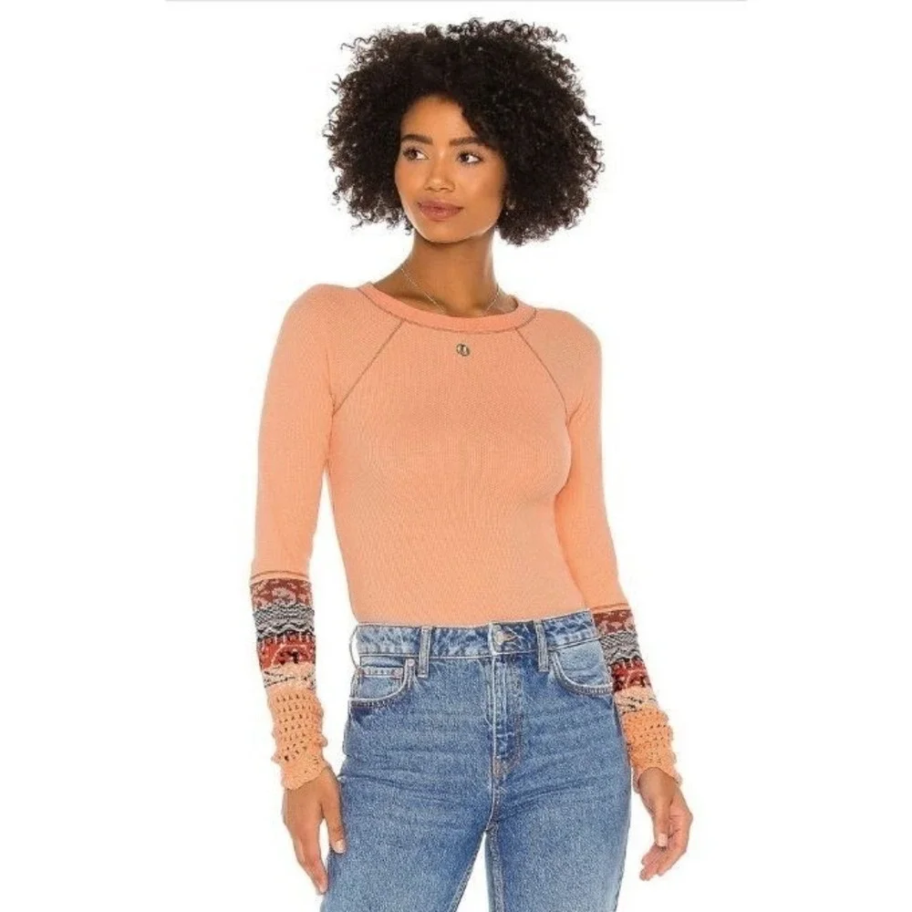 Free People Large In‎ The Mix Desert Orange Crochet Cuff Waffle Knit Thermal Top